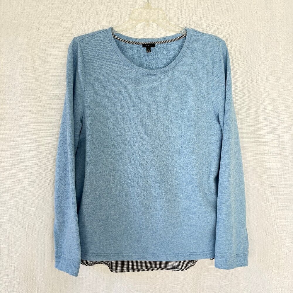 TALBOTS Solid Blue Front Gingham Back Hi Lo Hem Long Sleeve Top